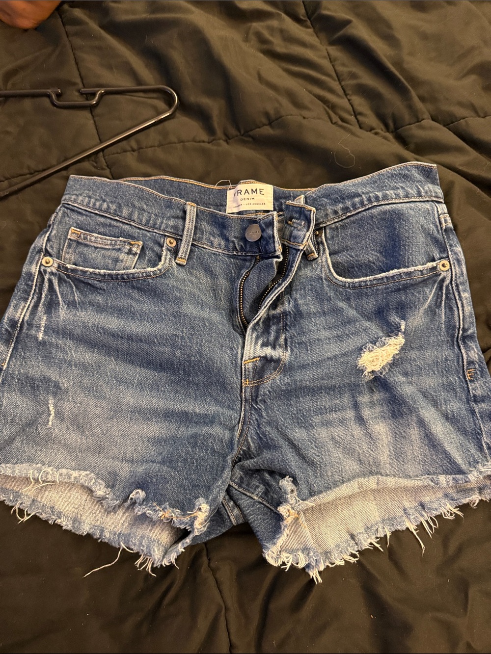 Frame Denim Denim High-Rise Distressed Denim Shorts in Blue